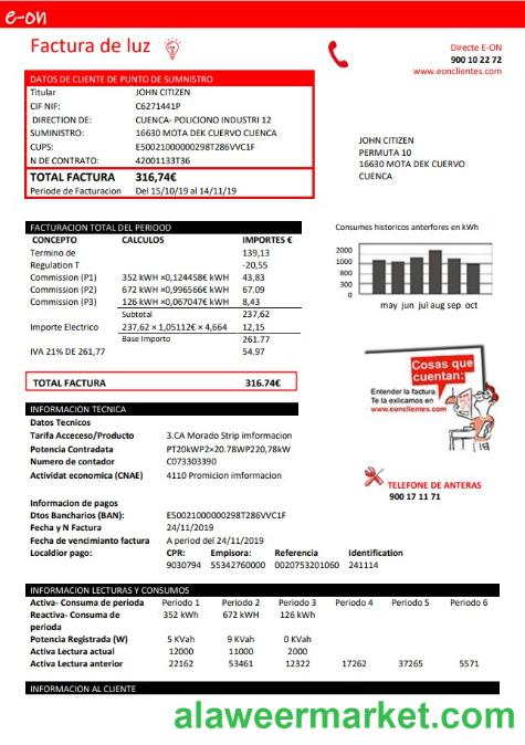 Spain E.ON electricity utility bill template in Word and PDF format